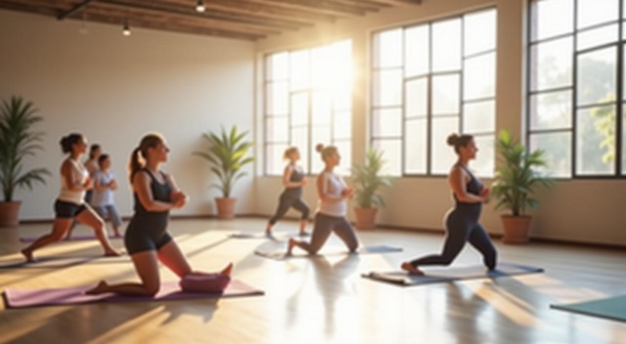 Un groupe de personnes participant à un cours de yoga dans un studio lumineux.