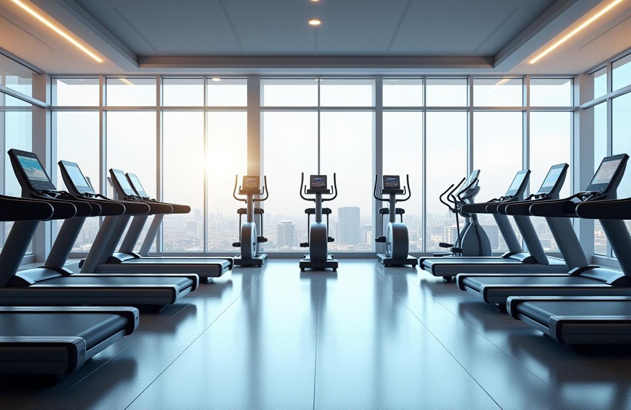 La zone cardio avec des tapis de course et des vélos elliptiques devant de grandes fenêtres.
