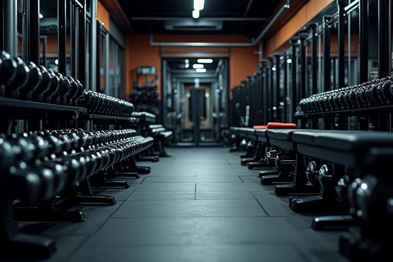Zone de poids libres avec haltères, bancs et racks à squats.
